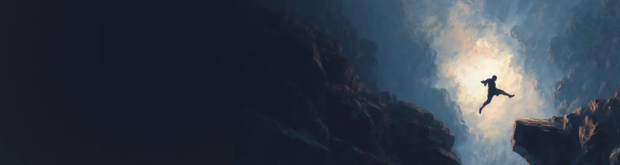 A lone figure mid-leap between two clifftops, lit from the far side of the gap
