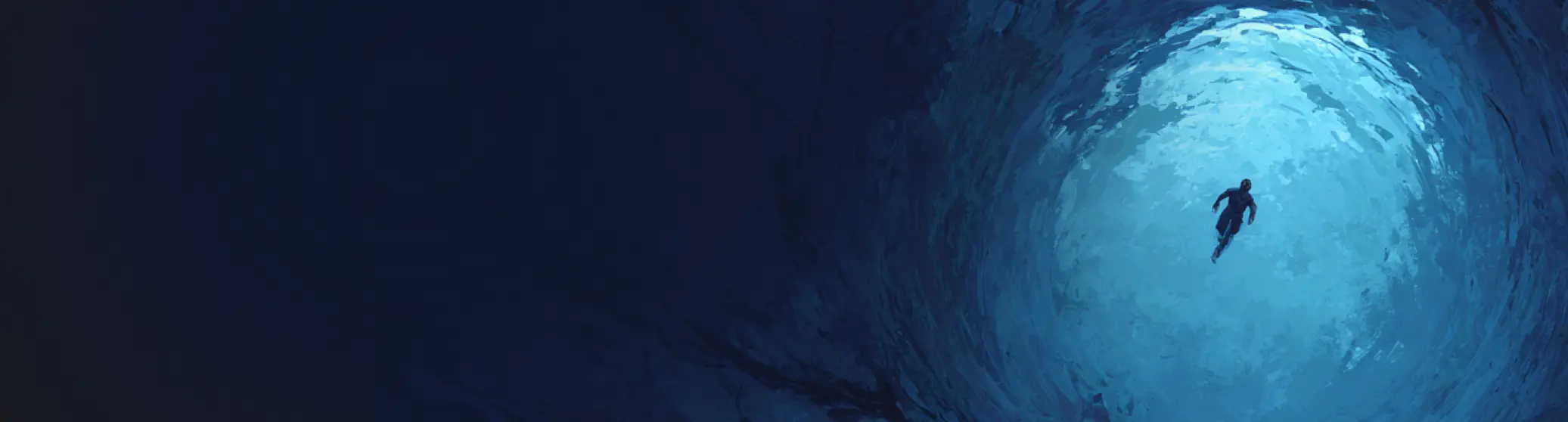 A figure descending through deep blue water towards a distant circle of light